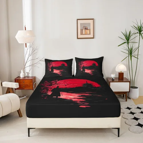 Miniatura 2 de Erosebridal Samurai - Juego de ropa de cama, sábana bajera ajustable, funda de cama samurái japonés, juego de sábanas de silueta de paisaje