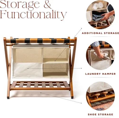 Miniatura 5 de Estante plegable de bambú de nogal totalmente ensamblado para habitación de invitados, soporte plegable de maleta de 26.75 pulgadas con bolsa