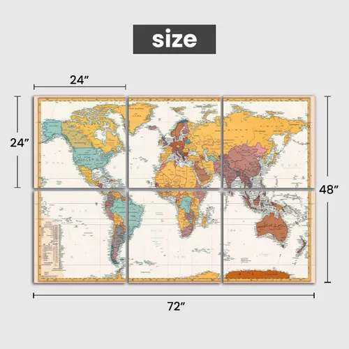 Miniatura 2 de Paneles acústicos artísticos antiguos de color retro con mapa político del mundo están separadas claramente, paquete de 6 paneles de pared