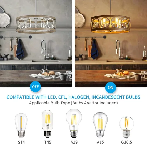 Miniatura 4 de XINGQI Candelabro de tambor de 21.7 pulgadas, lámpara de comedor de granja, iluminación de cocina de níquel cepillado de grano de madera, 5 luces
