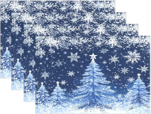 Miniatura 10 de Juego de 4 manteles individuales con diseño de árbol de Navidad, diseño de árbol de Navidad, resistentes al calor, manteles individuales lavables