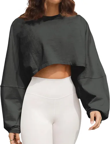 Meladyan Camiseta corta de manga larga con cuello redondo para mujer, sudadera casual de color liso, ajuste holgado, camiseta recortada para