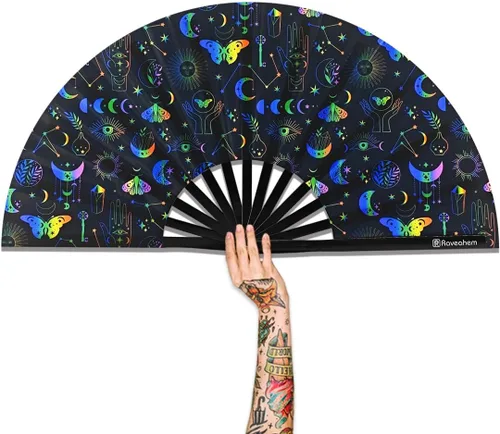 Miniatura 8 de Ventilador plegable grande, ventilador Clack Rave de 13 pulgadas, ventilador de mano para mujeres y hombres con tela de satén de alta calidad, marco