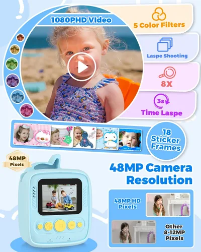 Miniatura 4 de Cámara para Niños Impresión Instantánea, Regalos de Navidad y Cumpleaños para Niños de 3 a 8 Años, Cámara de 48MP y 1080P para Niños con Papel