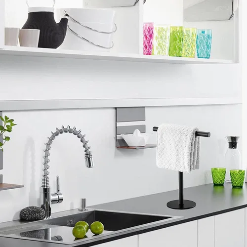 Miniatura 5 de Soporte para toallas de mano para baño, tocador, encimera, color negro mate, en forma de T, toallero, toallero, barra de toalla para baño, cocina