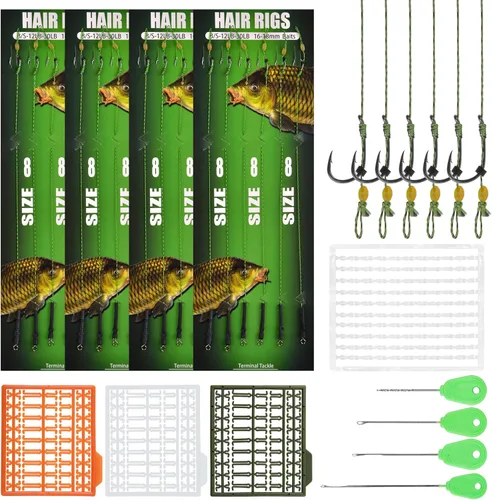 Miniatura 9 de Kits de aparejo de pesca de carpa, 26 piezas/30 piezas, juegos de anzuelos curvados de púas giratorias, paradas de cebo y cuerdas de cebo de pesca