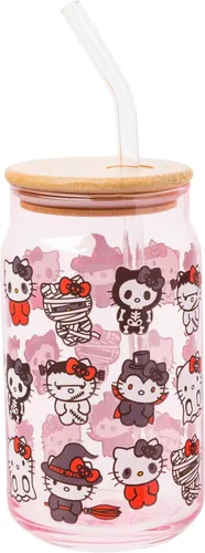 Miniatura 15 de Silver Buffalo Sanrio - Vaso de vidrio rosa con tapa de bambú y sorbete de vidrio de Hello Kitty, 16 onzas Hello Kitty Agitando