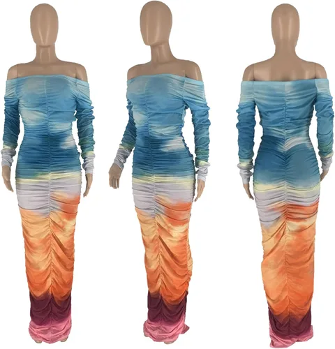 Miniatura 5 de YOOTIKO Vestido ajustado fruncido para mujer, con hombros descubiertos, teñido anudado, manga larga, sexy, sin espalda, para club, fiesta, vestido