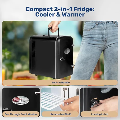 Miniatura 3 de InfiniPower Mini refrigerador de 4L/6 latas con ventana de observación, refrigerador portátil de bebidas pequeño AC/DC, enfriador y calentador sin