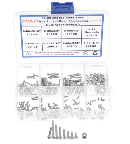 #0-80 304 Kit surtido de tornillos de cabeza hexagonal moleteada de acero inoxidable 304; longitudes de tornillos de 1/8" a 1/2"