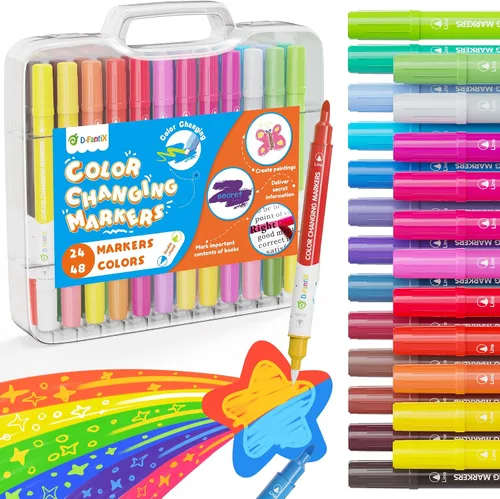 D-FantiX Marcadores que cambian de color para niños y adultos, paquete de 24 bolígrafos mágicos de doble punta de 48 colores, suministros de arte,