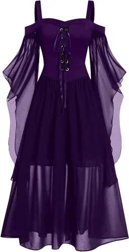 Miniatura 10 de Vestido gótico renacentista para mujer, disfraz de Halloween, hombros descubiertos, encaje, manga trompeta, vestido medieval steampunk 04-navy