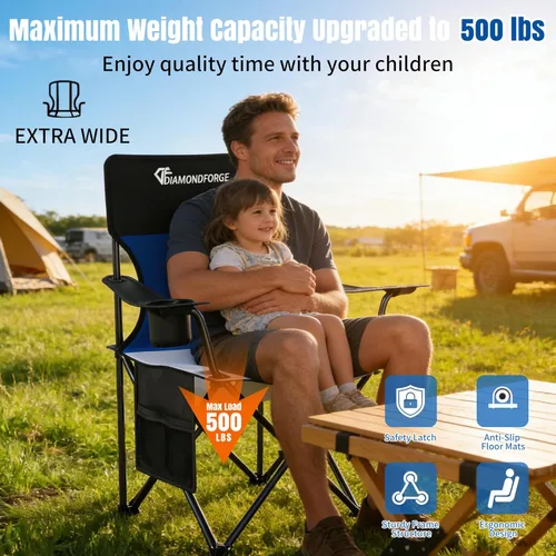 Miniatura 3 de Silla de camping de gran tamaño, sillas de césped con respaldo alto de 500 libras (negro azul) Portable Outdoor Heavy Duty Folding Camping Chairs