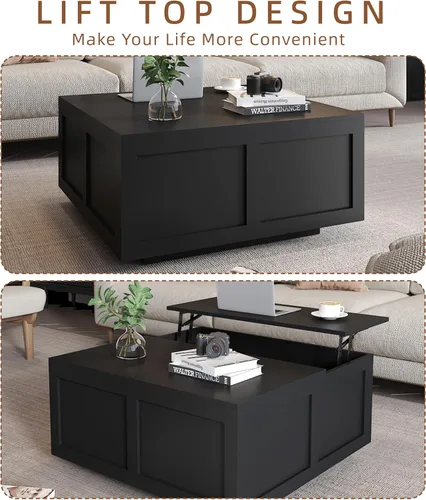 Miniatura 5 de HedoAjim Mesa de centro elevable con almacenamiento, mesa de centro cuadrada negra de 31.5 pulgadas con gran almacenamiento oculto, mesa central