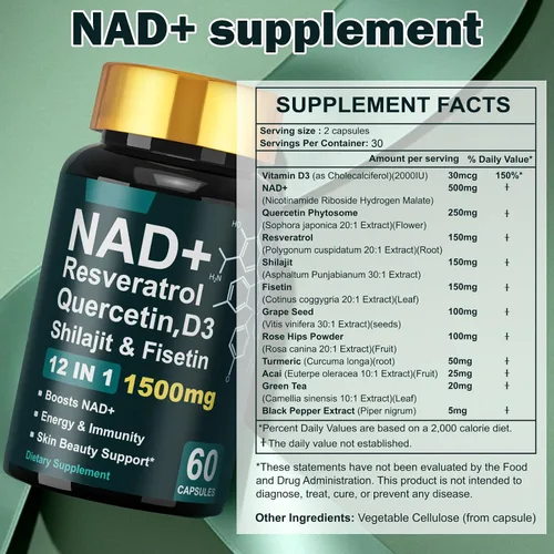 Miniatura 5 de Suplemento NAD de 1500 mg con resveratrol vitamina D3 quercetina y fisetina, suplementos NAD+ para mujeres y hombres que apoyan la energía, la salud