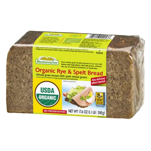 Mestemacher Pan orgánico de centeno y espelta, 17.6 onzas, hecho con granos integrales, vegano, sin OMG, auténtica receta alemana