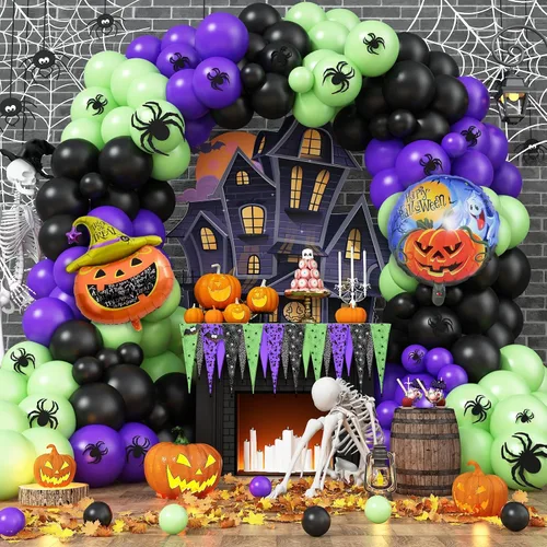 Miniatura 8 de Kit de arco de globos de Halloween de 155 piezas, kit de guirnalda de globos de color negro, naranja, morado y verde, con arañas de telaraña