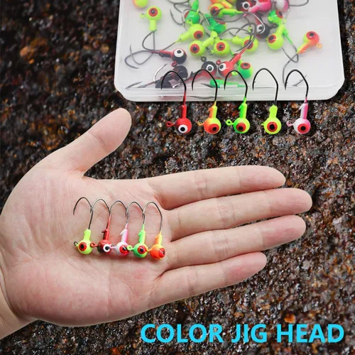 Miniatura 7 de Juego de 50 ganchos de cabeza de plantilla de pesca, plantillas de pesca de bola redonda con ojos 3D, ganchos de acero al carbono para señuelos