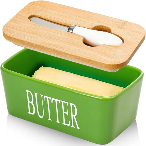 Miniatura 9 de Mantequillera con tapa: plato grande para mantequilla para encimera, recipiente de cerámica para mantequilla con cuchillo y alta calidad - Caja