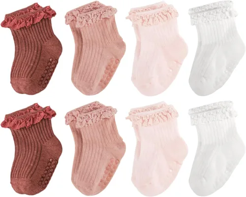 Miniatura 20 de Calcetines de Volantes para Niña Bebé, Calcetines Antideslizantes de Agarre para Niñas, Calcetines de Tobillo Frilly de Algodón Lindos para Niñas
