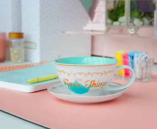 Miniatura 3 de Silver Buffalo The Office Finer Things Club Tea Gold Foil - Taza de té y platillo de cerámica en caja, 12 onzas La Oficina