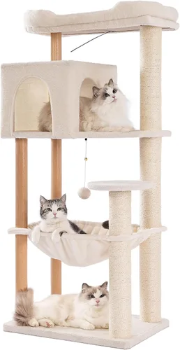 Miniatura 10 de Árbol pequeño para gatos beige torre para gatos con poste rascador de 32 pulgadas con casa condominio para gatos, hamaca acogedora y cama superior