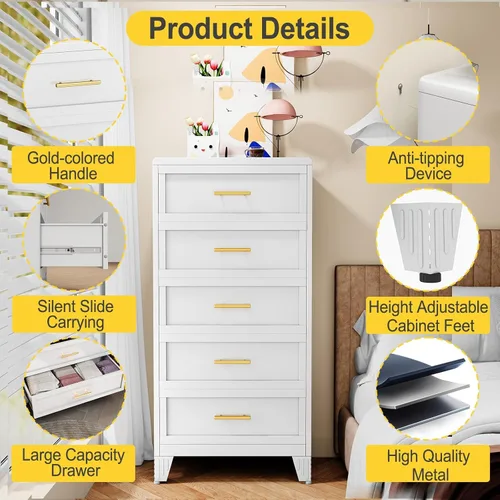Miniatura 4 de Cómoda blanca de 5 cajones para dormitorio, cómodas y cajoneras de metal de 53.46 pulgadas de alto con diseño de esquinas curvas, cajonera Blanco