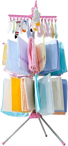 Miniatura 10 de BAOYOUNI Estante de secado de ropa plegable de 2 niveles para interiores y exteriores, con 24 clips y 16 barras de toallas para ropa de bebé