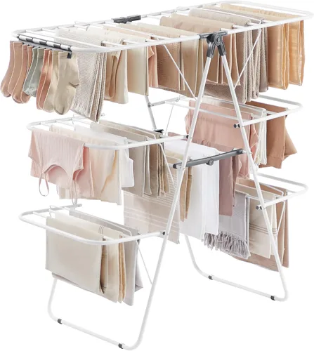 SONGMICS ULLR054W01 - Estante de secado de ropa plegable de 3 niveles, estante de secado grande independiente, con alas ajustables en altura, 39
