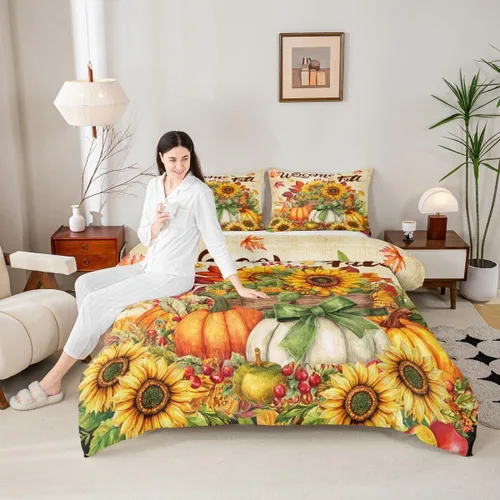 Miniatura 18 de Juego de edredón de cosecha de calabaza de otoño, tamaño individual, juego de ropa de cama de otoño con hojas de arce y girasol, decoración