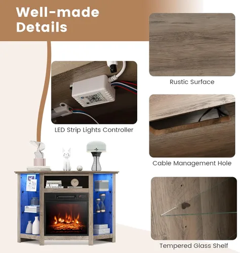 Miniatura 6 de Tangkula - Soporte de TV de esquina con chimenea y luces LED y control inteligente por APP para TV de 50 pulgadas, centro de entretenimiento con Gris