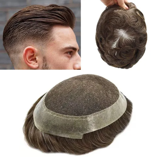 Miniatura 11 de Peluca de cabello humano para hombre, tupé de cabello humano suave para hombre, centro de encaje suizo suave, tupé adjunto con poliuretano alrededor