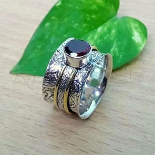 Miniatura 4 de Gemstone Spinner Ring for Women, 925 Sterling Silver Boho Meditation Band with Amethyst, Moonstone, Opal, Garnet, Gift for Her
