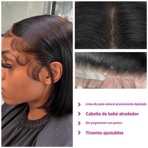 Miniatura 3 de Peluca Bob de 10 Pulgadas de Cabello Humano, Pelucas Frontales de Encaje HD 13x4 de Cabello Humano Pre-Desplumadas, Peluca Bob Corta, Pelucas