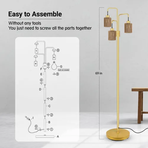 Miniatura 5 de Lámpara de pie industrial BoostArea para sala de estar, lámpara de pie moderna dorada con 3 luces, lámpara de pie para pararse con diseño simple