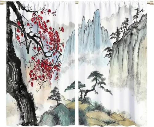 Miniatura 39 de Cortina japonesa con diseño de cerezo en flor, montañas, río, nubes, pinos, paisaje, naturaleza, asiático, anime, oscurecimiento de habitación