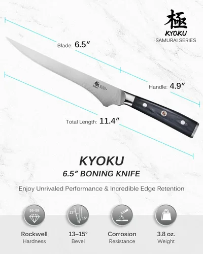 Miniatura 5 de KYOKU Cuchillo deshuesador de 6,5 pulgadas de la serie Samurai, cuchillo de filetear con mango de madera de Pakka, acero de alto carbono