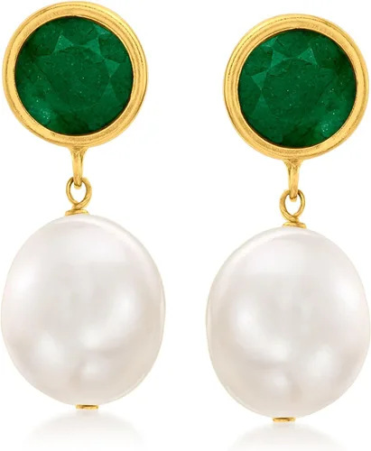 Ross-Simons Pendientes colgantes de perlas cultivadas y esmeralda de 3,50 qt. t.w en oro amarillo de 14 kt, Perla, No es una piedra preciosa