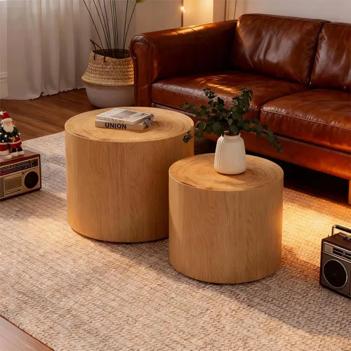 Miniatura 15 de KEVINSPACE Juego de 2 mesas auxiliares anidadas, modernas mesas de centro circulares para espacios pequeños, mesa auxiliar de madera blanca