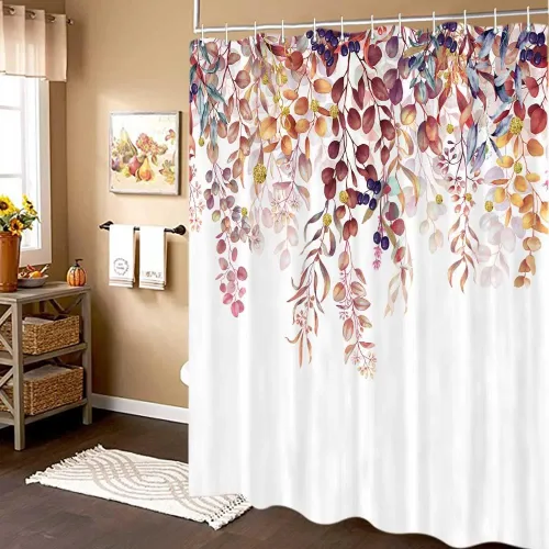 Miniatura 4 de MERCHR Cortina de ducha de otoño, lindo juego de cortinas de ducha de tela de cosecha de hojas rojas y doradas para baño, accesorios de decoración