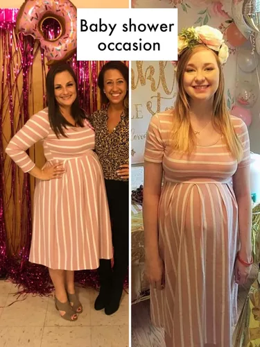 Miniatura 3 de BBHoping Vestido de maternidad casual a rayas para mujer, manga corta y 34, longitud hasta la rodilla, ropa de embarazo para baby shower