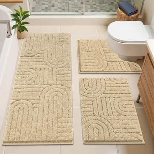 Miniatura 11 de Vaukki Juego de alfombras de baño de 3 piezas, color beige, lavables, antideslizantes, suaves, para ducha y bañera, alfombra de microfibra