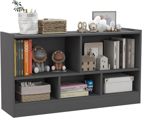 Miniatura 8 de MEDIMALL Organizador de almacenamiento de juguetes para niños de 5 cubos, estante de almacenamiento de madera de 2 niveles para libros y juguetes