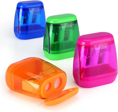 Paquete de 4 sacapuntas manuales de doble agujero con tapa para niños, escuela, oficina, hogar (azul, verde, naranja, rosa)