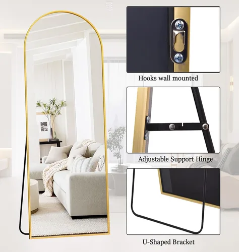 Miniatura 3 de Rowjut Espejo de Piso de 64"x21" Espejo Arqueado de Cuerpo Completo, Espejos de Piso de Cuerpo Completo de Pie Colgante o Reclinable/Grande de Dorado