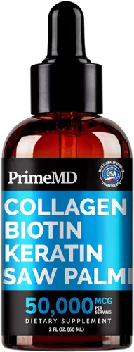 4 en 1 Biotina Líquida Colágeno Queratina Palmetto 25000 mcg Gotas Cabello Piel y Uñas Vitaminas con Biotina y Suplemento de Colágeno 2.0 fl oz