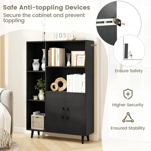 Miniatura 5 de Giantex Gabinete de almacenamiento de 47 pulgadas, estantería con 2 puertas, 5 estantes abiertos, patas de metal, kits antipuntas, gabinete de Negro
