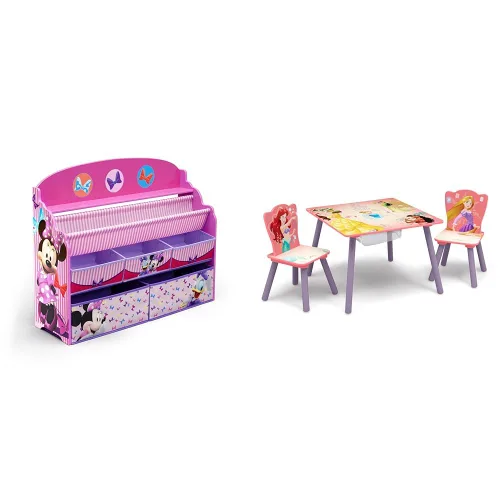 Delta Children Organizador de libros y juguetes de lujo, certificado Greenguard Gold, juego de mesa y silla para niños con almacenamiento (2 sillas