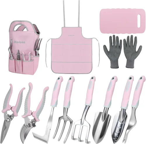 Miniatura 11 de Juego de 12 herramientas de jardín, herramientas de mano de aluminio resistentes con mango antideslizante de goma, delantal de jardín, guantes