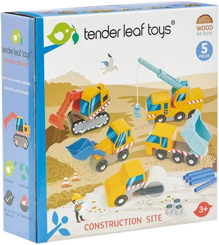 Miniatura 6 de Tender Leaf Toys - Sitio de construcción - Cuatro vehículos pesados con camión grúa, rodillo de carretera, camión volquete y cargador frontal
